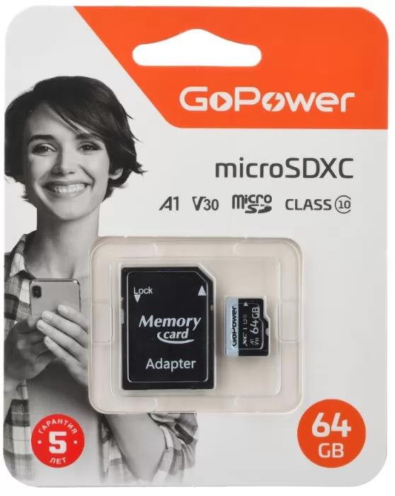 Изображение Карта памяти GoPower MicroSDXC Class 10 64 Гб адаптер на SD 00-00025676